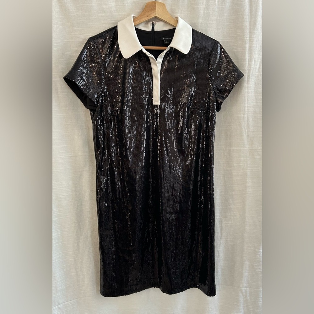 Ann Taylor Black Sequin Mini Shift Dress with White Polo Collar‎